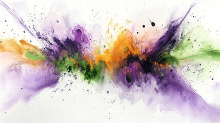 abstract watercolor explosion in vibrant carnival colors, swirling purples, greens, and golds, digital fluid art with dynamic motion and festive energy