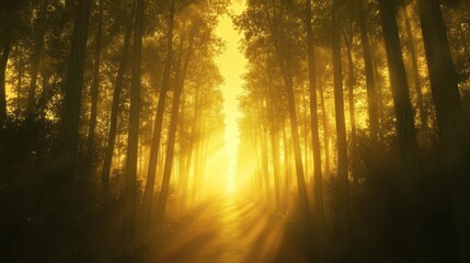 Obraz premium aerial perspective of a mystical forest road at dawn, symmetrical rows of towering evergreens create leading lines through morning mist, soft golden light filtering through branches