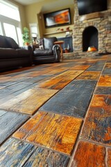Warm and inviting living room with wooden floors and stone fireplace
