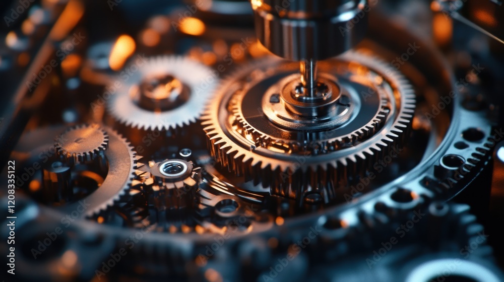 Poster automated industrial machine rotating gears with precision, creating a complex mechanism, showcasing