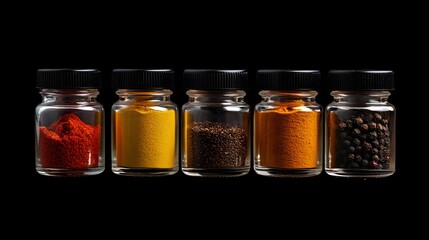 Display of vibrant glass jars filled with an assortment of colorful spices on a dark background