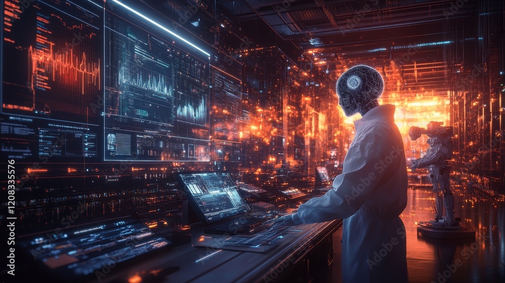 Poster a high-tech workspace where multiple ai systems analyze data and interact seamlessly