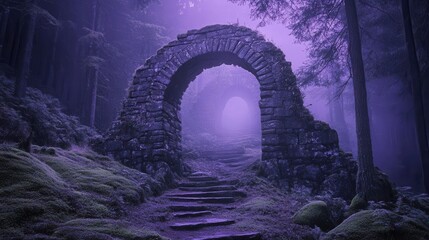ancient stone archway covered in luminescent moss, swirling purple mist, leading to a crystalline dimension, moonlit ethereal forest setting