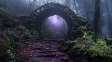 ancient stone archway covered in luminescent moss, swirling purple mist, leading to a crystalline dimension, moonlit ethereal forest setting