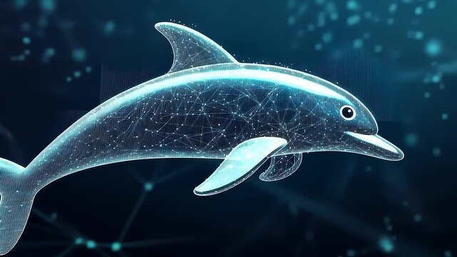 Digital Dolphin Concept with Intricate Mesh Network and Glowing Light Points Background