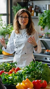 Female chef explaining recipe with vegetables in kitchen