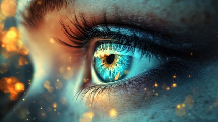 Fototapeta premium Close-up of a young adult female's eye with vibrant colors and sparkling light effects