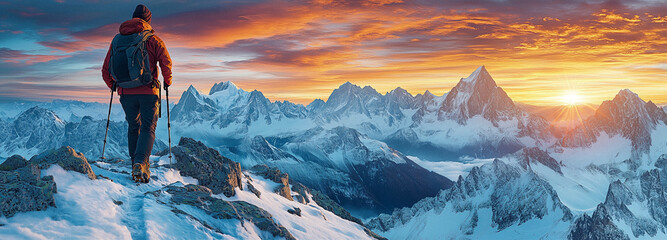 Adventurer hiking in snowy mountains at sunrise, enjoying a breathtaking panoramic view of rugged peaks and a glowing sky