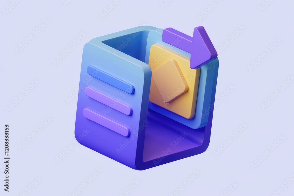 Poster 3D illustration of data transfer, showcasing a cube with layers moving to the right, representing seamless data migration or export.