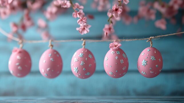 Charming easter decoration with pink hanging eggs and cherry blossoms on rustic wood
