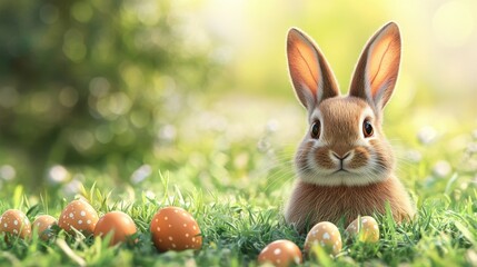 Adorable easter bunny surrounded by decorated eggs in a lush spring meadow