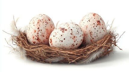 Obraz premium Easter egg trio in feather nest against white background for spring design