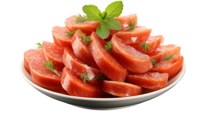 Close-up of sliced boiled sausage, highlighting its texture and appeal for culinary themes, studio view, isolated on transparent background.