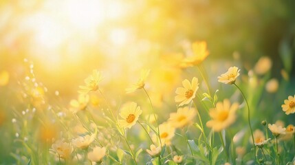 Obraz premium Fluffy Little Yellow Wildflowers in Meadow Bathed in Golden Light