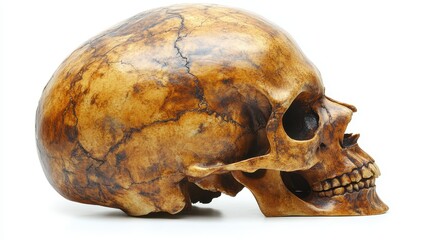 Ancient human skull with detailed texture on white background