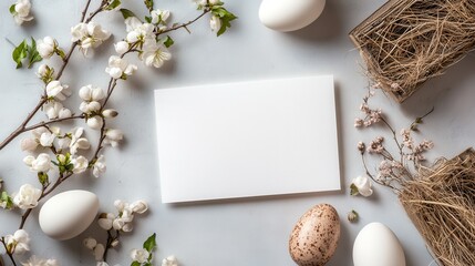 Easter greeting card mockup with eggs and blossoms for festive design