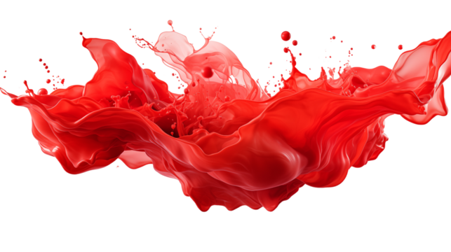 Bold red paint splash with dramatic motion, adding energy to creative visuals, studio view, isolated on transparent background.