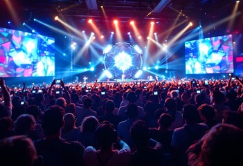 Energetic Concert Crowd: Vibrant Stage, Dynamic Lighting, Immersive Show