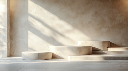 A series of evenly spaced geometric shapes in neutral tones on a plain background representing order, balance, and harmony with minimalistic bright tones and blurred empty space for emphasis

