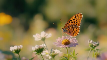 Obraz premium Colorful Cosmos Flowers with Butterfly in a Macro Shot