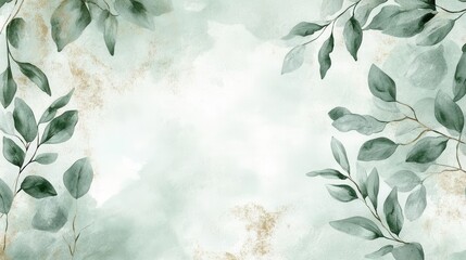 delicate botanical illustration with sage green eucalyptus leaves and olive branches, soft watercolor washes in mint and emerald, elegant gold calligraphy accents, romantic composition