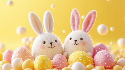 Happy easter: cute bunny figures with colorful decorated eggs
