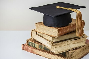 A graduation cap sits atop a stack of books, symbolizing knowledge and achievement