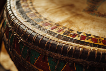 Hand-painted Native drum showcasing intricate designs and craftsmanship captured during an artisan workshop in a cultural community center
