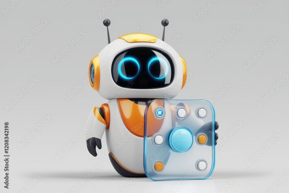Poster A cute, friendly robot holds a transparent control panel with buttons, showcasing futuristic technology.