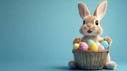 Delightful easter bunny with colorful eggs in a woven basket