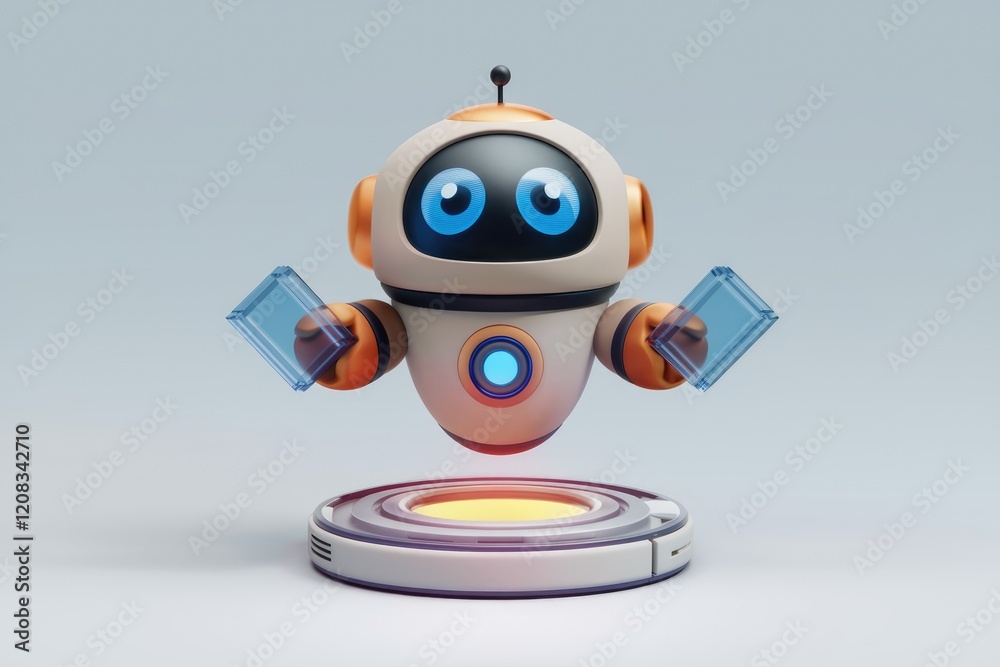 Poster a cute robot holding two transparent panels, possibly data or interfaces, levitating on a futuristic