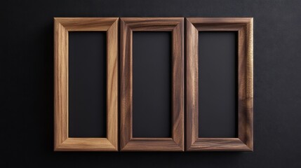 Elegant triptych of empty wooden picture frames on dark background