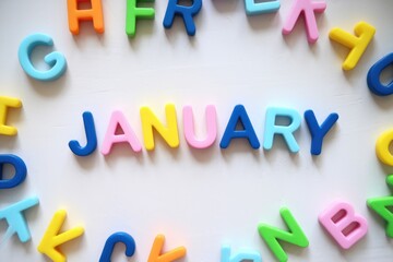 Fototapeta premium Colorful alphabet magnets spelling out the word January on a white background.