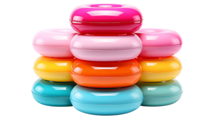 Inflatable pool rings in soft pastel hues, neatly stacked for summer fun, studio view, isolated on transparent background.