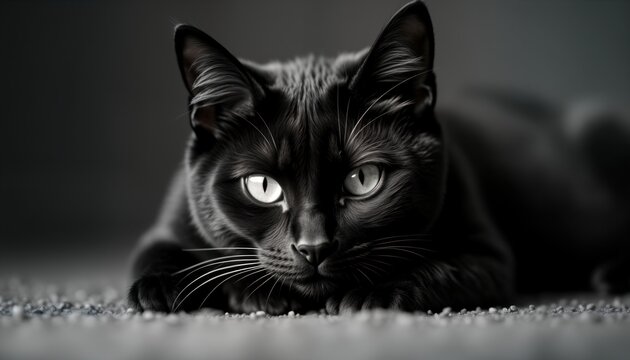 Close-up black cat with beautiful expressive eyes. Cat rests on floor. Photo captures beauty, mystery of black cat. Stylish illustration for Black Cat Honor Day. Great choice for animal lovers, pet