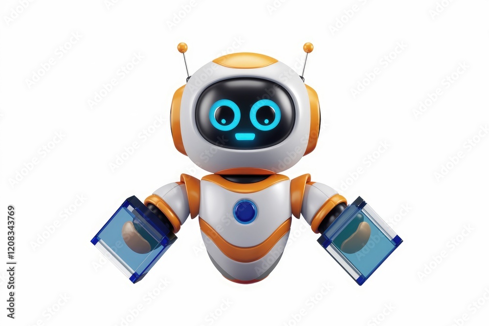 Poster a cute, cartoon robot holds two translucent blue containers, possibly containing small objects.