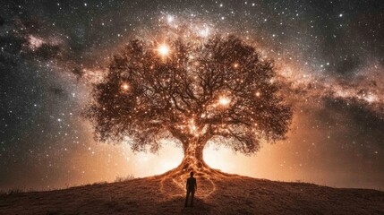 A majestic tree set against a cosmic backdrop, emitting a celestial glow that symbolizes growth, connection, and the universe's vast mystery.
