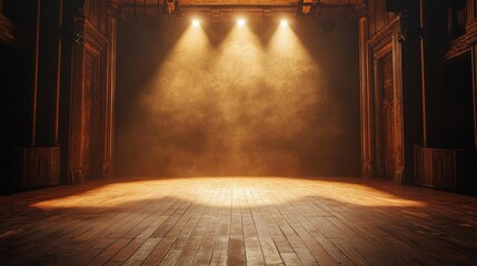 dramatic empty theater stage with single warm spotlight casting long shadows, rich wooden floorboards, atmospheric haze, cinematic composition
