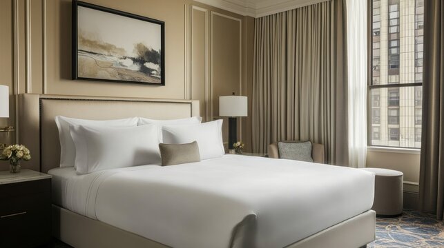 Luxurious hotel room, city view, king bed, daytime