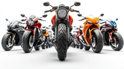 Fototapeta premium Modern sports motorcycles in vibrant colors displayed against white background.