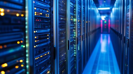Modern Data Center with Glowing Server Lights and Technological View : Generative AI