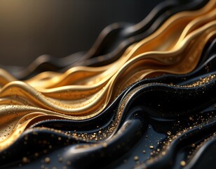 Abstract 3d rendering elegant black, gold flowing textures. Liquid like shapes, textures with gold glitter. Modern, luxurious design. Empty space suitable as backdrop display. Sophisticated minimal