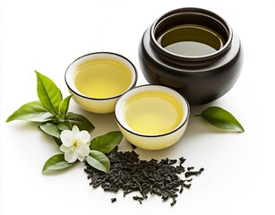 Two small cups filled with light green tea, a dark brown teapot, fresh green tea leaves, a white flower, and a small pile of dried tea leaves.