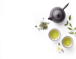 A flat lay composition featuring a black teapot, two cups of green tea, a small pile of loose green tea leaves, and a white flower with green leaves