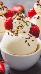 A scoop of vanilla ice cream dessert, topped with a swirl of whipped cream. The whipped cream is garnished with chocolate shavings and a fresh strawberry