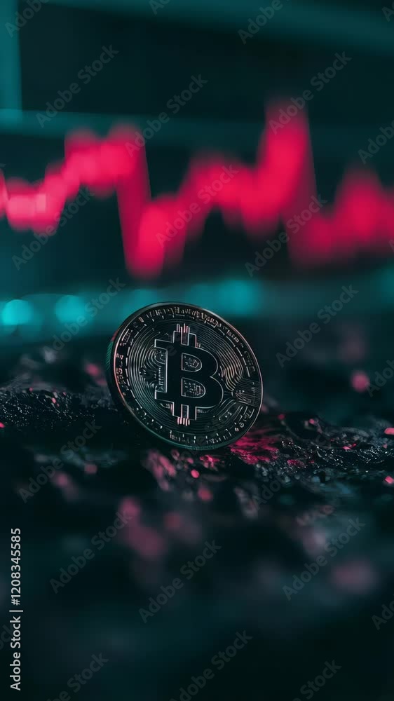 Poster Bitcoin coin is placed on a computer circuit board with a stock market chart showing losses in the background, representing the risks and volatility of cryptocurrency investments