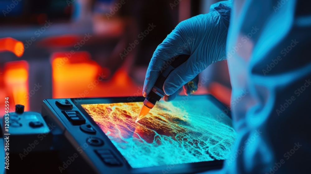 Poster gloved hand interacting with a vibrant digital interface, analyzing complex data patterns on a touch