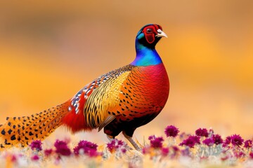 Fototapeta premium Brightly colored pheasant walking through a golden field adorned with blooming burgundy wildflowers during the day