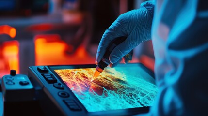 Gloved hand interacting with a vibrant digital interface, analyzing complex data patterns on a touchscreen in a colorful, high tech laboratory setting