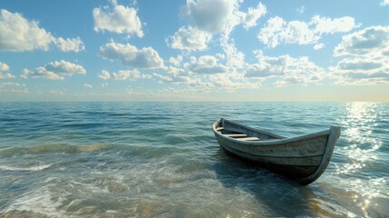 Naklejka premium Solitary wooden rowboat on tranquil shoreline with blue sky and clouds